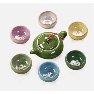七彩陶瓷冰裂釉泡茶茶具組立體浮雕魚杯