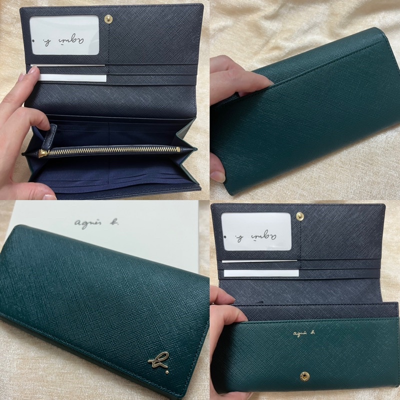 全新 agnes b 綠色 深藍色 藍色 墨綠色 草寫b 照片層 扣式 防刮 長夾 皮夾 牛皮 正品 小b 撞色 雙色