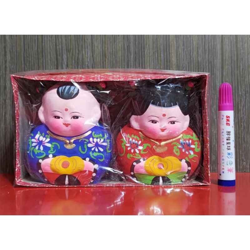 早期陶土娃娃彩繪中國娃娃擺飾一對