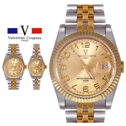 【天龜】Valentino Coupeau 范倫鐵諾 數字金銀雙色帶不鏽鋼殼帶防水男女手錶
