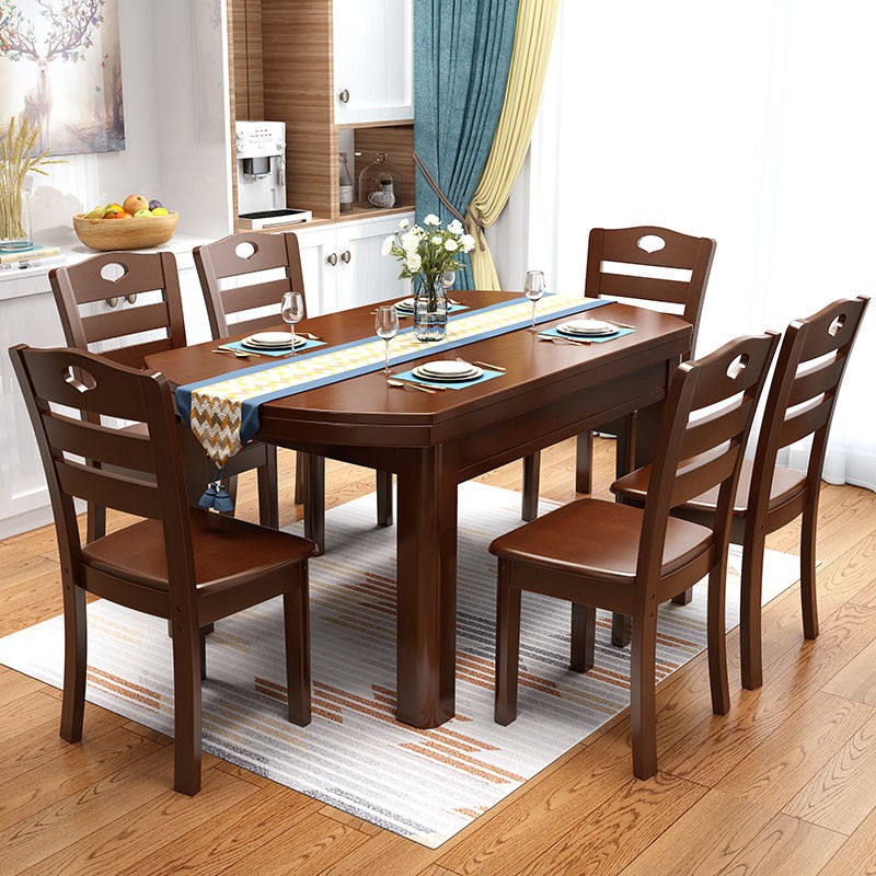 廠家直銷#餐桌 實木餐桌椅組合可伸縮折疊現代簡約兩用小戶型吃飯圓桌子