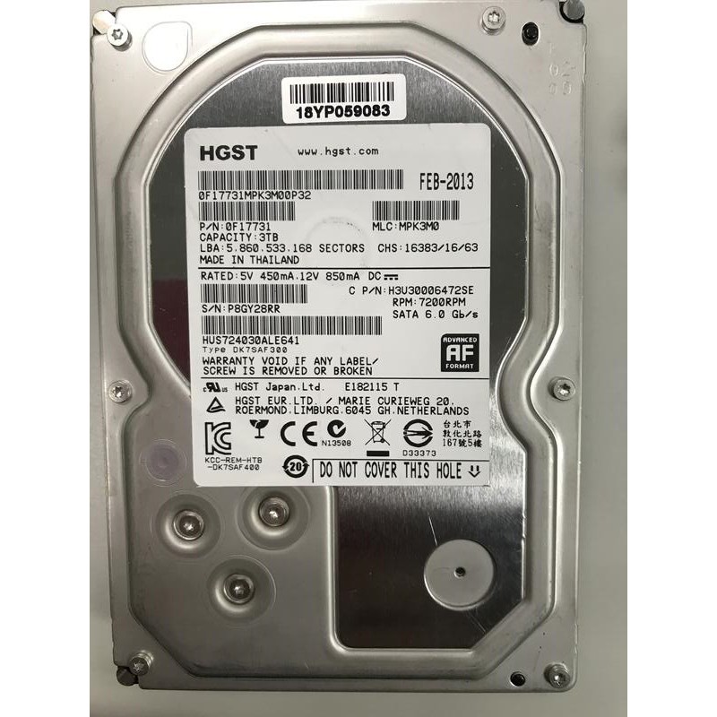 HGST SATA 3T 3TB 3.5吋 7200RPM 硬碟