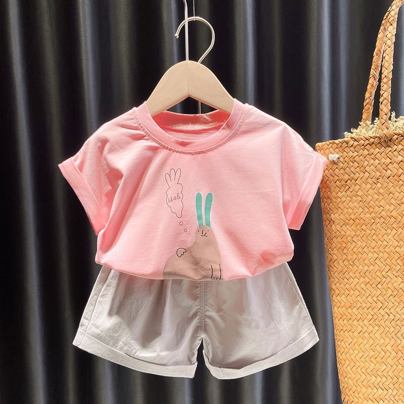 女童夏季休閒套裝女寶寶可愛短袖T恤+翻邊闊腿短褲1-5歲幼稚園套裝