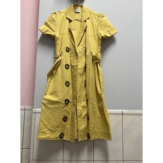 二手短袖長版黃色洋裝可當外套