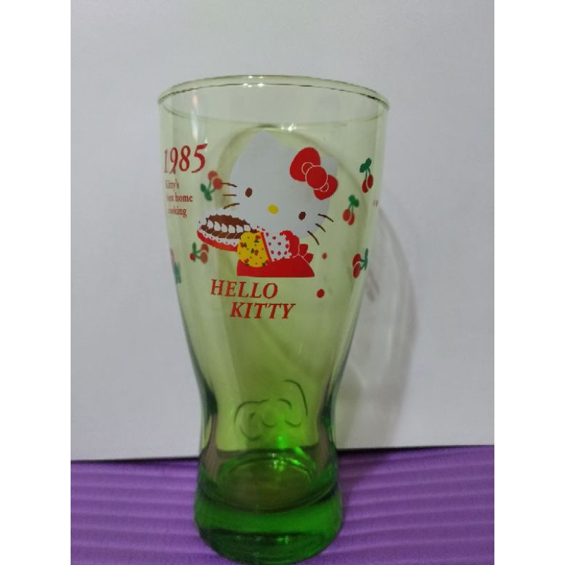 三麗鷗 凱蒂貓 HELLO  KITTY 1985 綠色玻璃杯 水杯