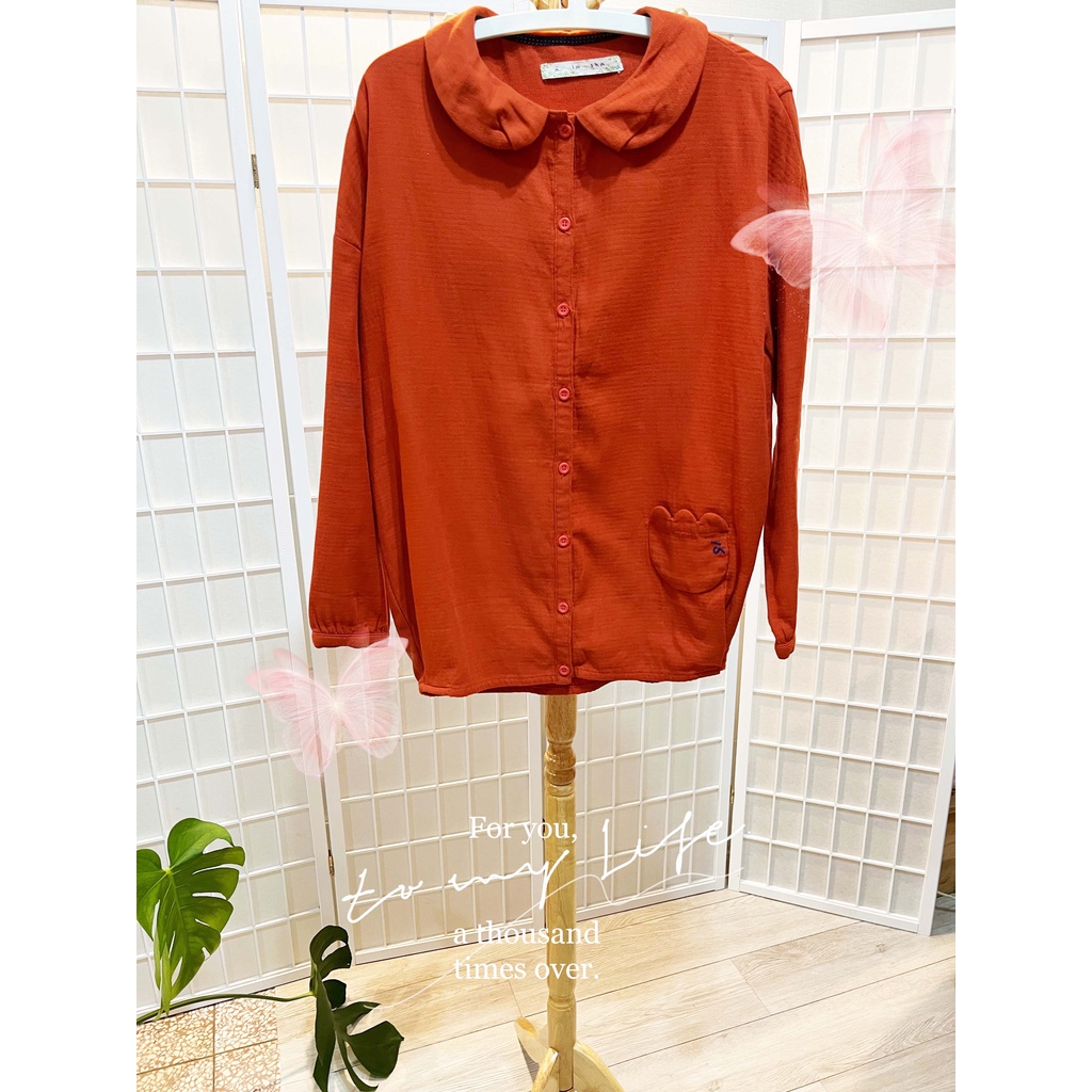 a la sha全新花朵口袋雙層紗橘紅色長袖襯衫 小外套
