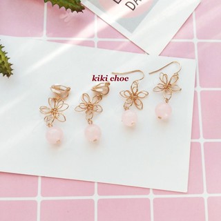 ♥kiki choc♥韓 少女粉紅系 鏤空花朵金屬繞線垂墜粉紅圓珠耳環 耳夾/無耳洞/夾式 小公主