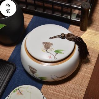 定窯茶罐【化雲】手繪荷花茶葉罐 陶瓷防潮儲茶罐 白色茶倉 密封罐