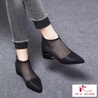 M&X ~【現貨】優質軟皮中跟粗跟新款網靴鏤空低跟網紗透氣舒適尖頭涼鞋女短靴子