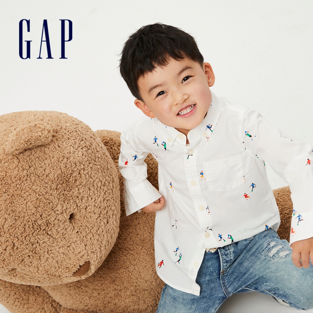 Gap 男幼童裝 純棉寬鬆印花長袖襯衫-白色(794675)