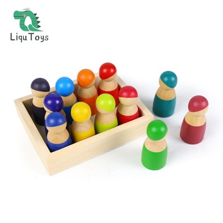 【櫟趣玩具屋】彩虹木托盤小人玩具 兒童顏色分類 早教親子木製玩具12色小人偶