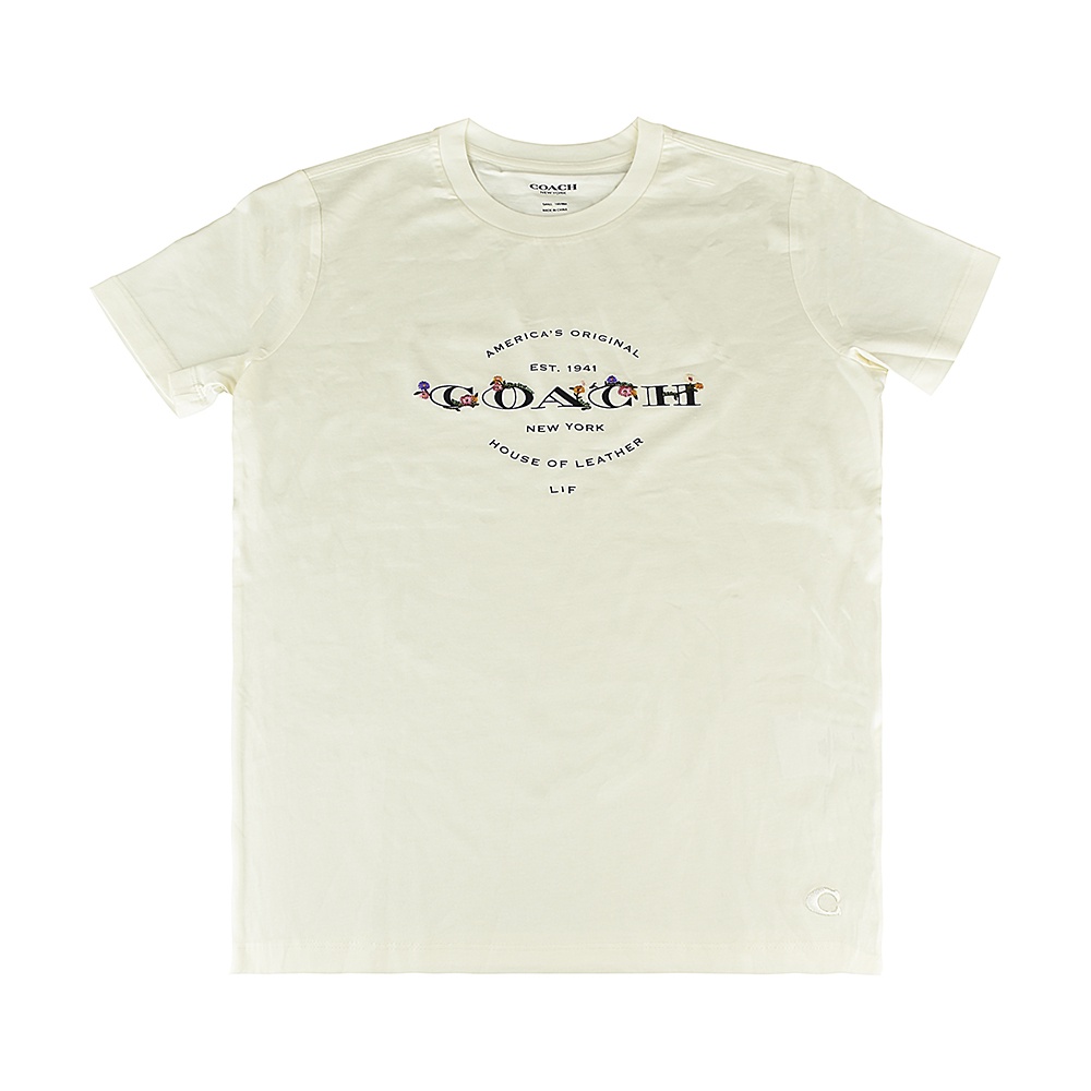 COACH黑字印花LOGO花朵刺繡設計純棉短袖T恤(米白)