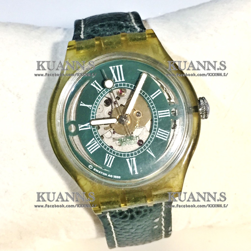 ::KUANN 於小飾::瑞士 swatch SWISS 墨綠色 鏤空 機械錶 | 古董錶 復古錶 大錶 圓錶