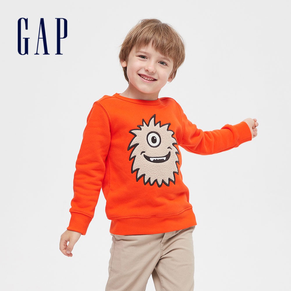 Gap 男幼童裝 趣味印花圓領長袖上衣 碳素軟磨系列-橘色(619599)