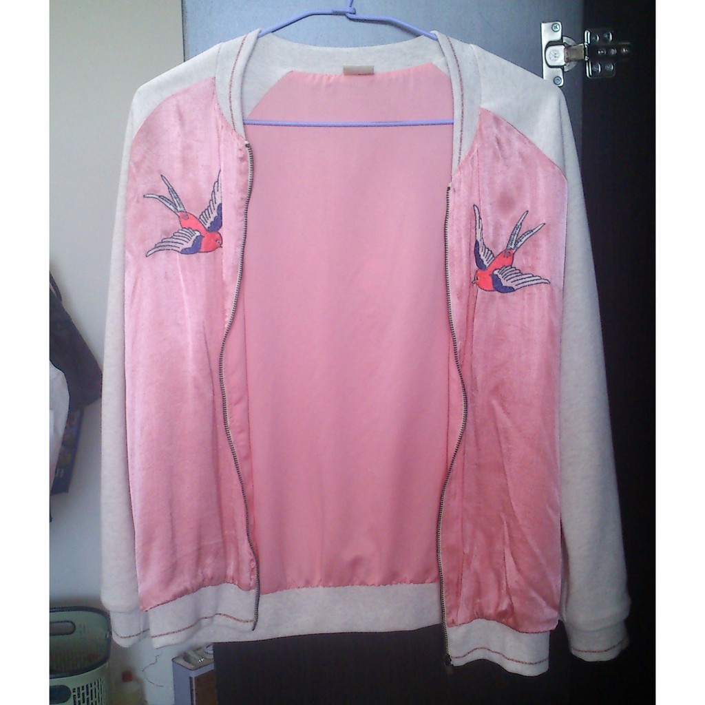 西班牙 Zara Girls 大人可穿 前拼接粉色緞面美前後刺繡棒球外套/飛行外套/夾克