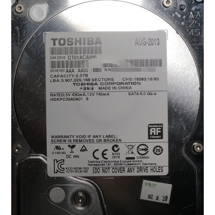 Toshiba 2TB 3.5吋 HDD 硬碟 (DT01ACA200/64M/7200轉)