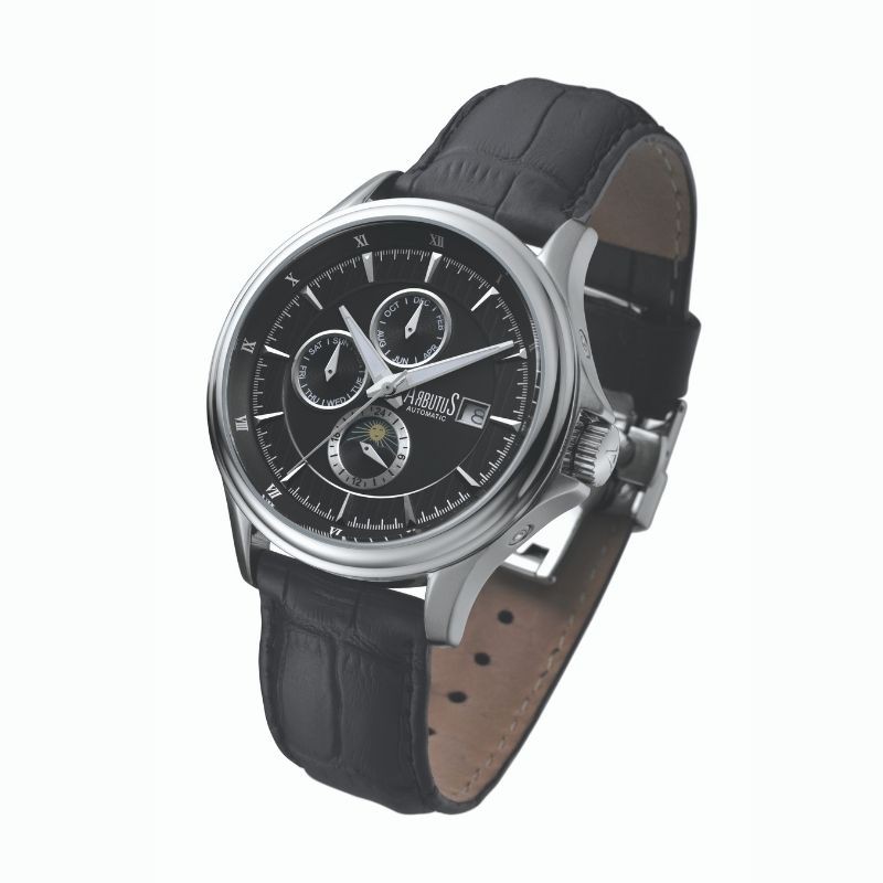 愛彼特ARBUTUS AR607SBB 右三眼設計機械錶 多功能機械錶 月份 星期顯示 真牛皮黑色錶帶 原廠公司貨