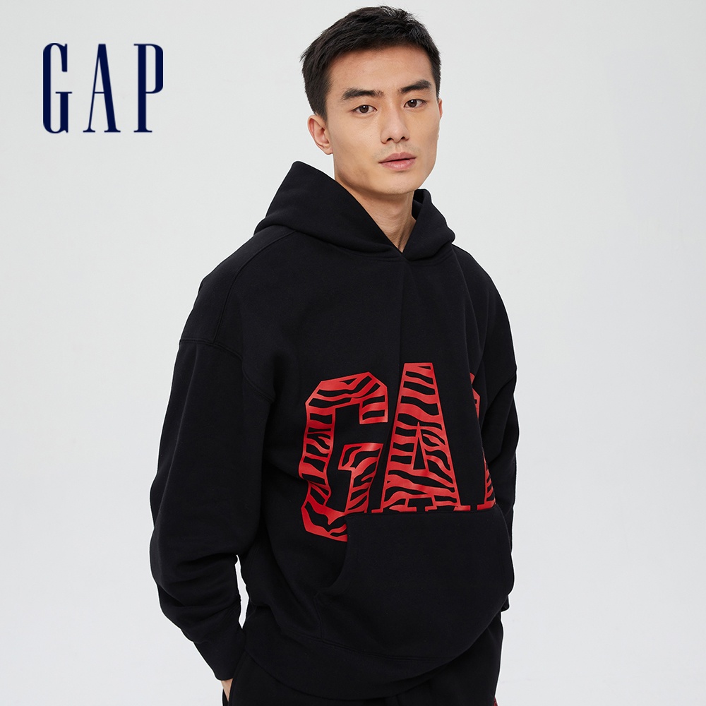 Gap 男女同款 Logo虎紋刷毛帽T 碳素軟磨系列-黑色(762896)