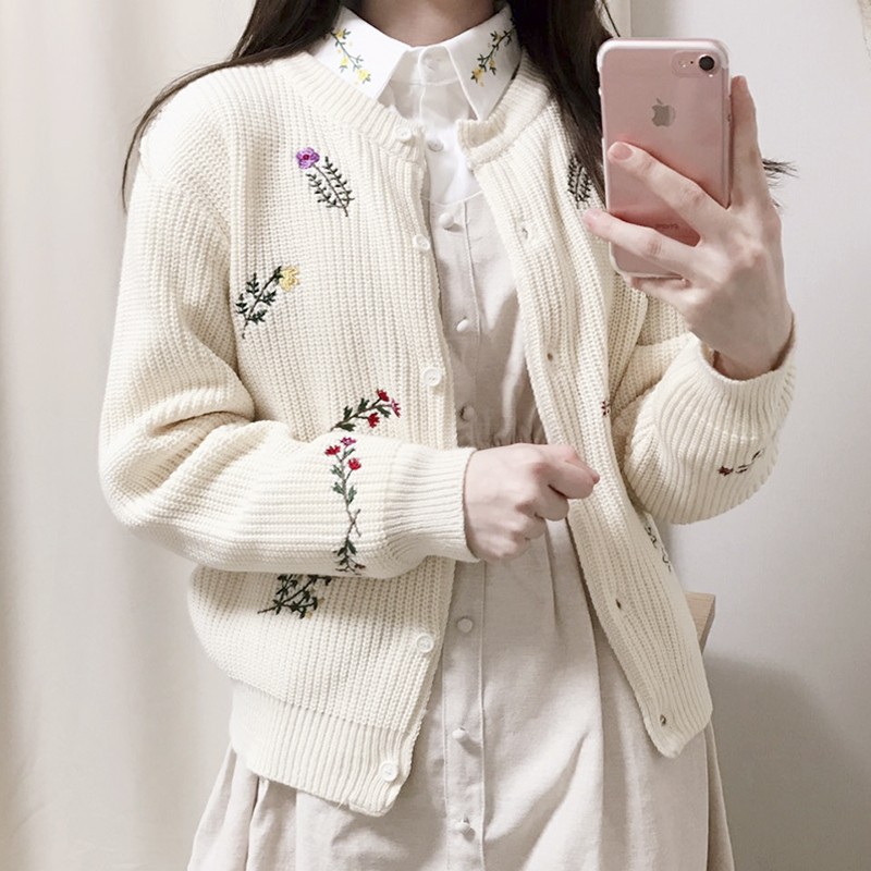 20179 花朵刺繡 清新可愛長袖毛衣針織衫開衫外套