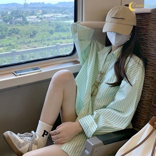 【泡芙衣櫃】綠色防曬條紋襯衫女寬松春夏薄款設計感小眾百搭長袖上衣BF風外套
