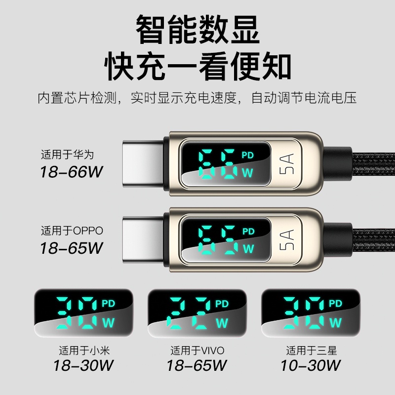 MCDODO/麥多多 typec充電線 數顯數據線 5A超級快充線 type-c閃充線 智能數顯 小米華為三星手機傳輸線