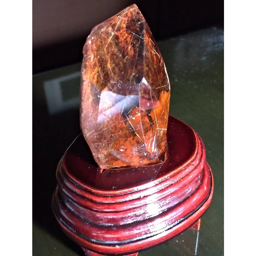 天然清透金髮晶+紅幽靈原礦景石-金發晶招財能量礦石晶柱-共生水晶