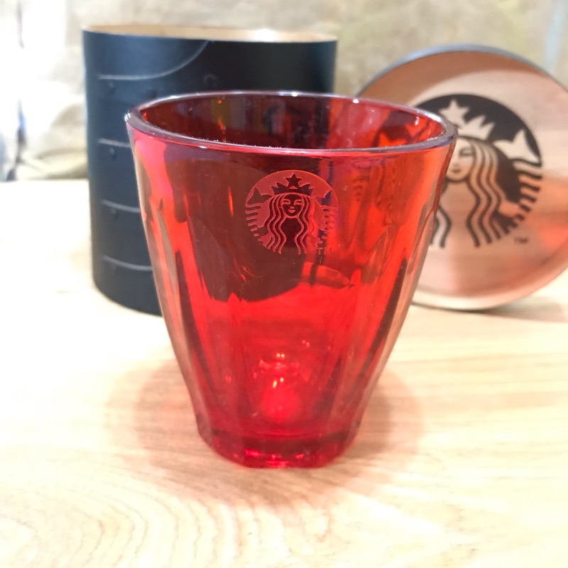 星巴克手工紅玻璃杯（日製）加北美楓木盒(台製）玻璃紅杯  玻璃杯 星巴克 限定