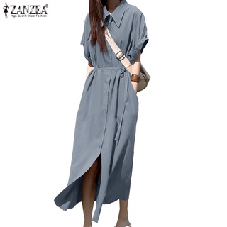 Zanzea 女士韓版街頭休閒翻領短袖開襟寬鬆襯衫連衣裙配腰帶