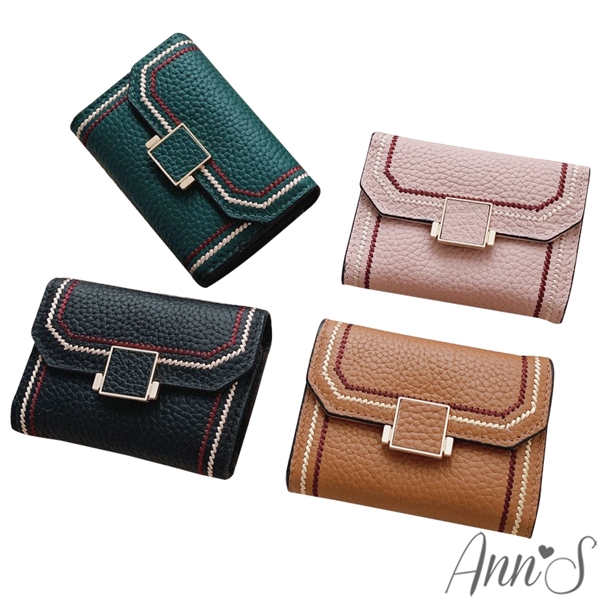 Ann’S粗針縫線方扣牛皮真皮風琴式11卡夾零錢包-4色