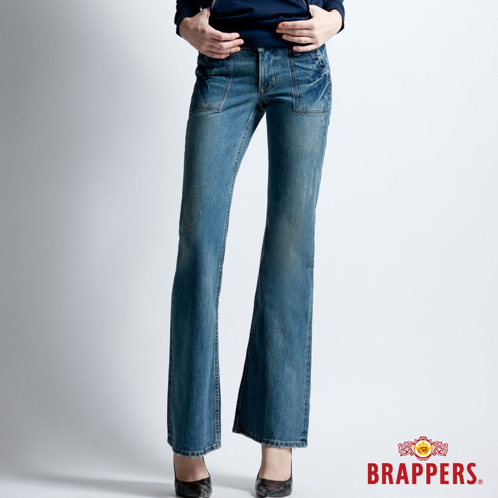 BRAPPERS 女款 垮褲系列-寬版大喇叭褲-深藍