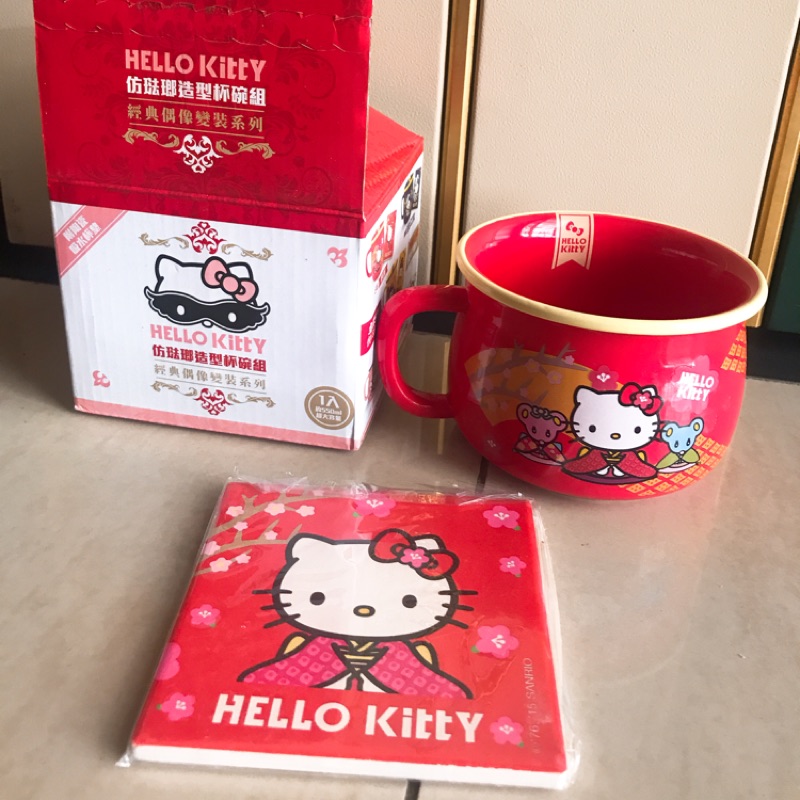 Hello Kitty 杯碗組附陶瓷杯墊（出清）