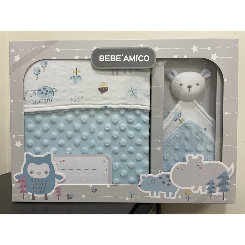 BEBE Amico 童趣故事貝貝豆-四季毯+安撫巾禮盒 藍 (附百貨公司紙袋）