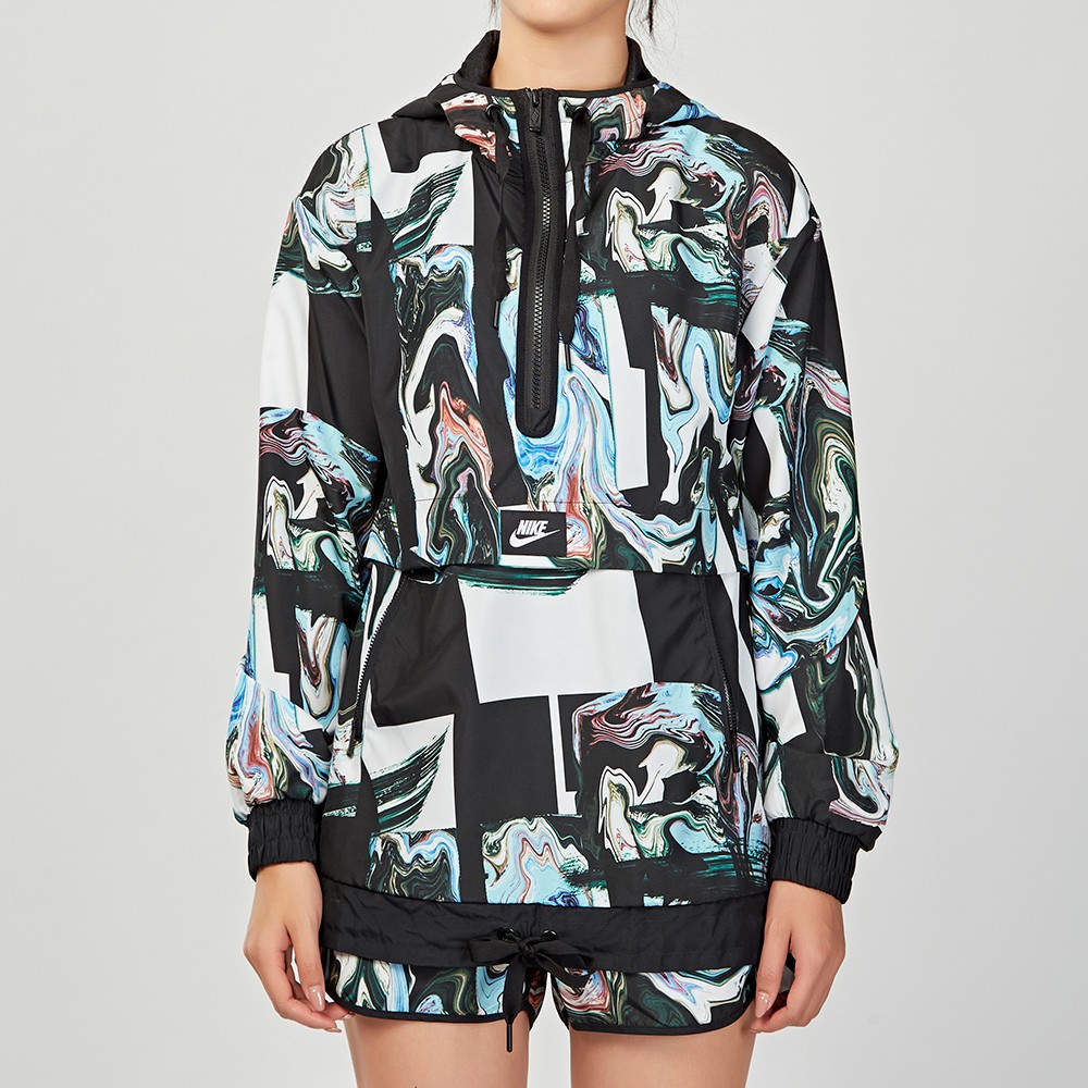 Nike Nsw Jkt Aop Mrbl 女款 綠黑 印花 風衣 半拉鍊套頭式  連帽 外套 長袖 908767010