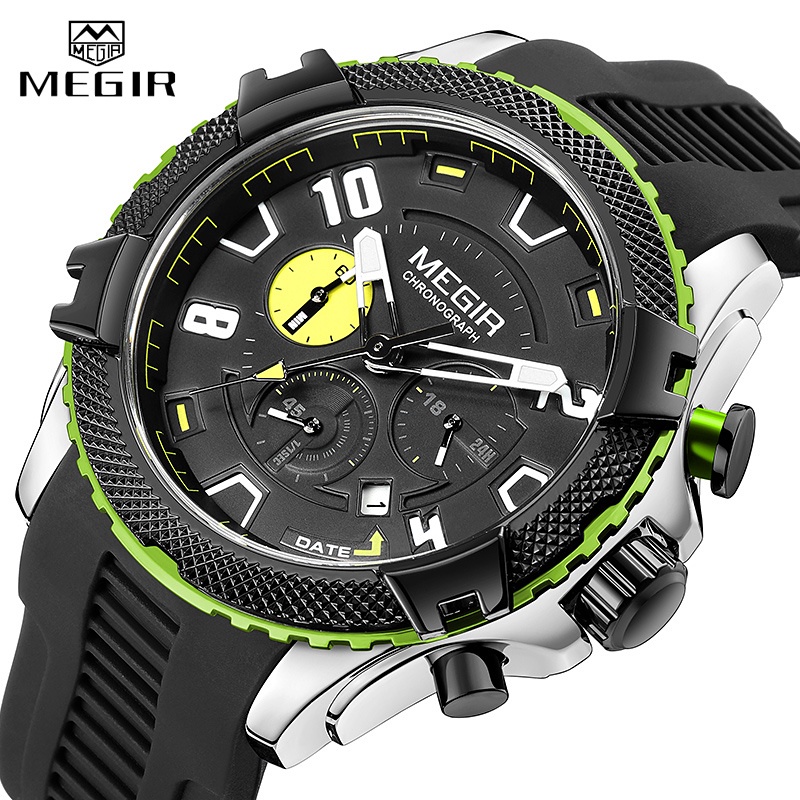 Megir 時尚運動手錶男士黑色矽膠錶帶防水石英腕錶休閒男士自動日期時鐘帶計時碼表