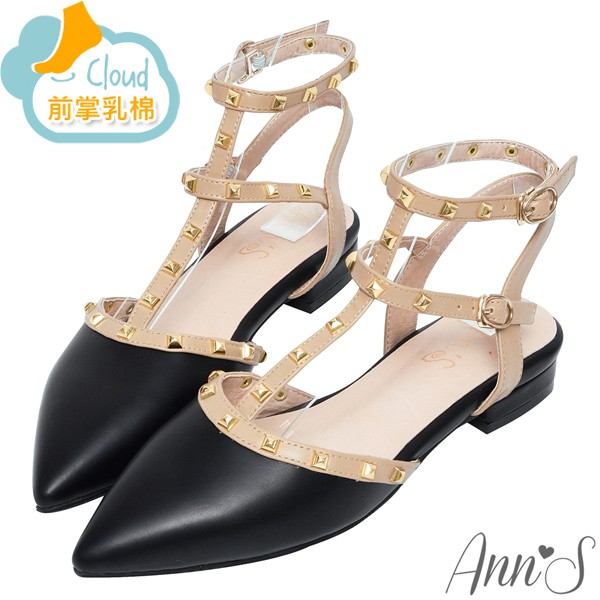 Ann’S修練氣質-T字繞踝金色鉚釘尖頭鞋2cm-黑