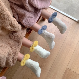 女襪 可愛腳後跟 立體蝴蝶結 珊瑚絨毛圈襪子 秋冬加厚 保暖家居 睡眠地板襪