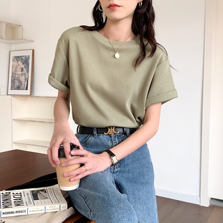 【遇見】抹茶綠短袖T恤女 韓版 夏季新款華夫格 寬鬆百搭上衣