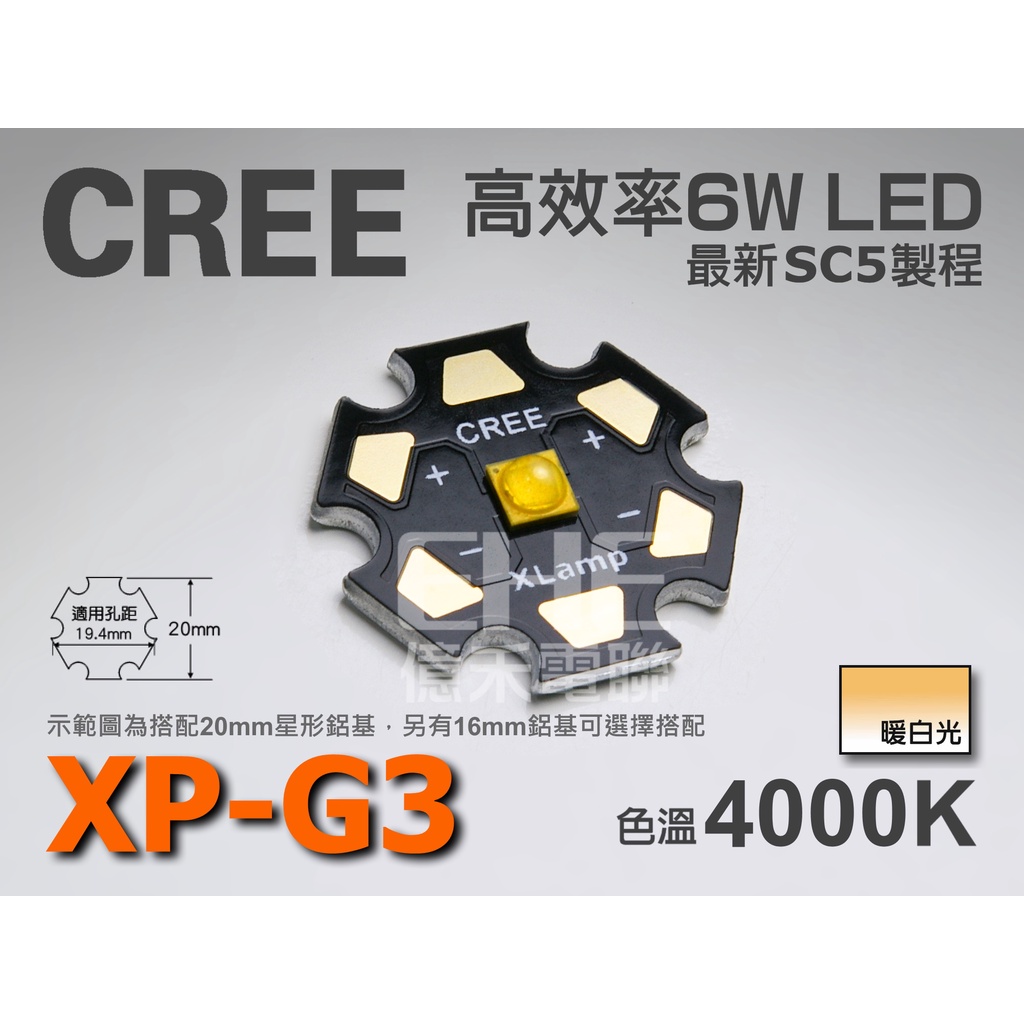 EHE】CREE XP-G3 S4 暖白4000K 6W高功率LED。XPG3先進SC5製程，可取代5W應用