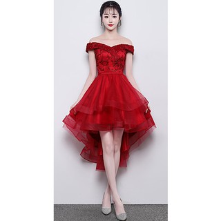 晚禮服女2018新款一字肩紅色宴會小禮服名媛敬酒服短款蓬蓬裙顯瘦 X0524