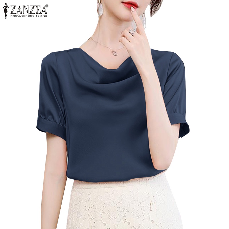 Zanzea 女裝時尚頭巾短袖緞面純色 OL 女襯衫