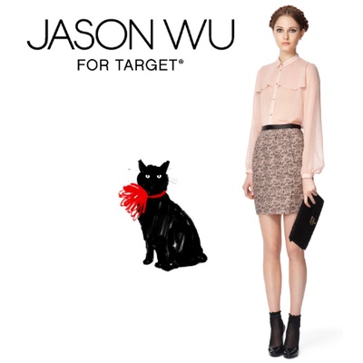 Jason Wu for Target 吳季剛 黑蕾絲印花名媛粉膚短裙 Olivia Palermo