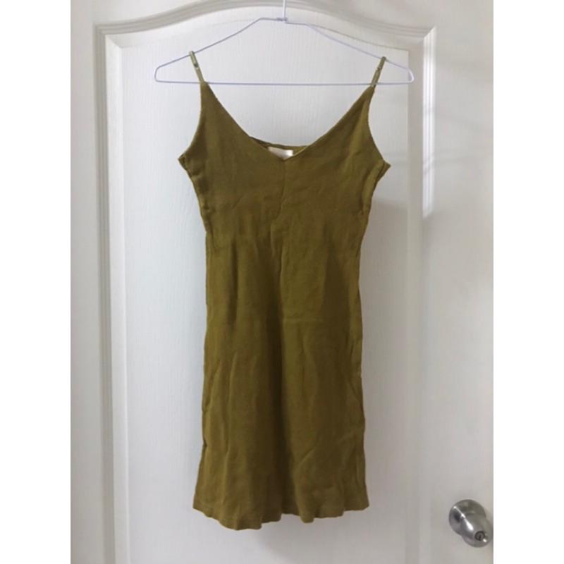 橄欖綠色黃色綠色細肩帶棉質洋裝（韓國製）LW