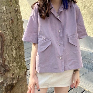夏季新款韓版寬鬆紫色短袖襯衫女復古港味百搭外穿學生襯衣潮