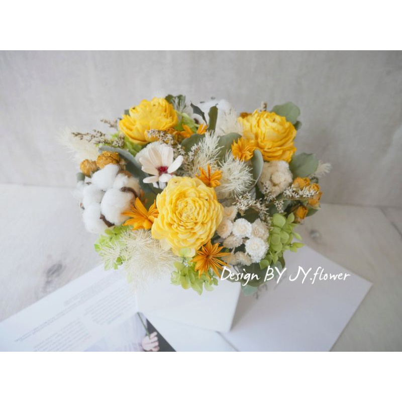 Jy Flower 解語花 乾燥花盆花 青檸初夏 開幕盆花 新居落成 開幕花禮 黃綠 客製化 蝦皮購物