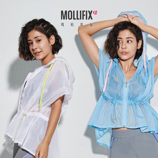 Mollifix 瑪莉菲絲 微透率性傘型收腰連帽背心、瑜珈上衣、瑜珈服、外套、背心