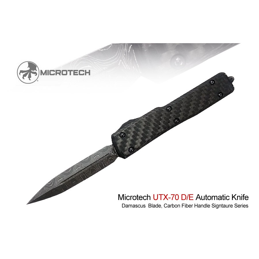 Microtech UTX70 D/E 碳纖維/鋁柄mini彈簧刀(大馬士革鋼)簽名系列