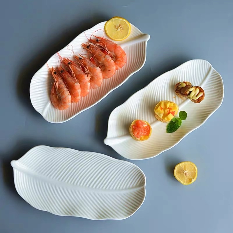 陶瓷盤 白色盤子 造型餐盤 芭蕉葉餐盤 日式魚盤 8英吋長盤 壽司盤 點心盤 趣味盤