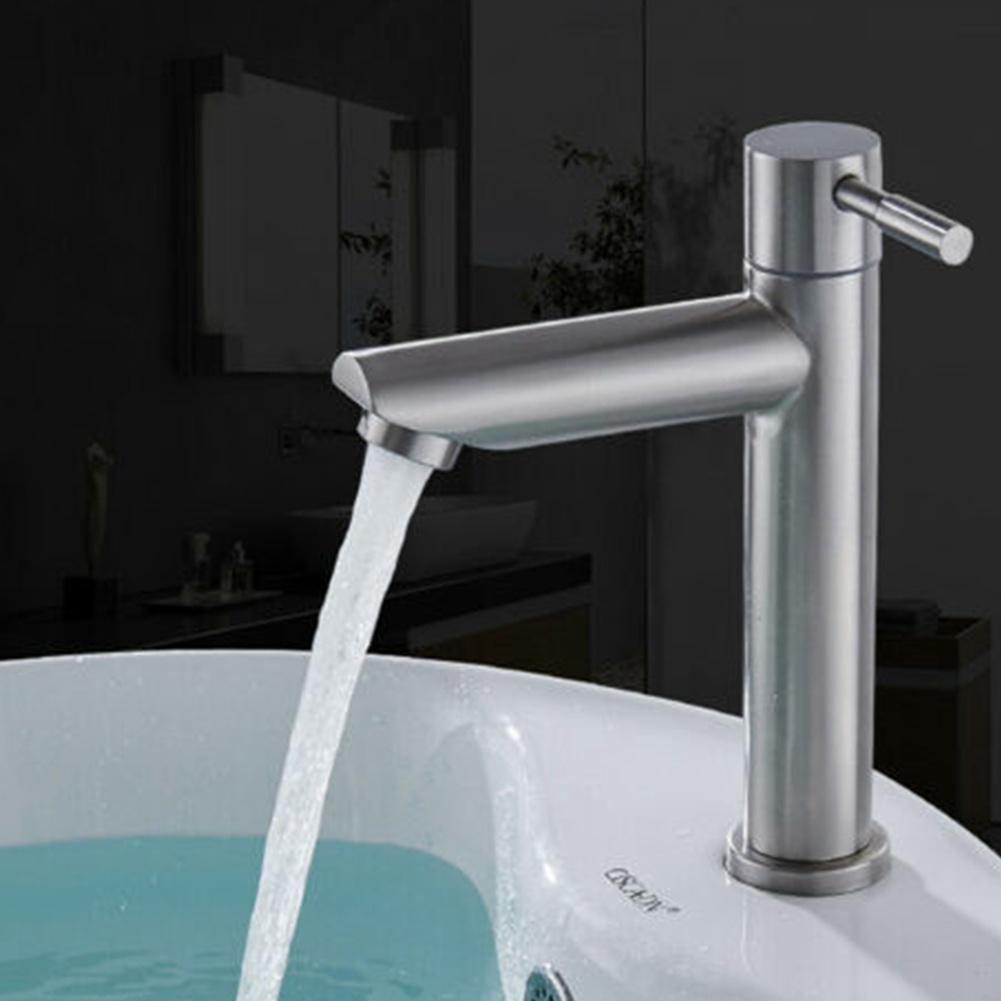 SS304不鏽鋼浴室面盆水龍頭銀色檯面安裝單冷水槽水龍頭廚房浴室檯面水槽水龍頭