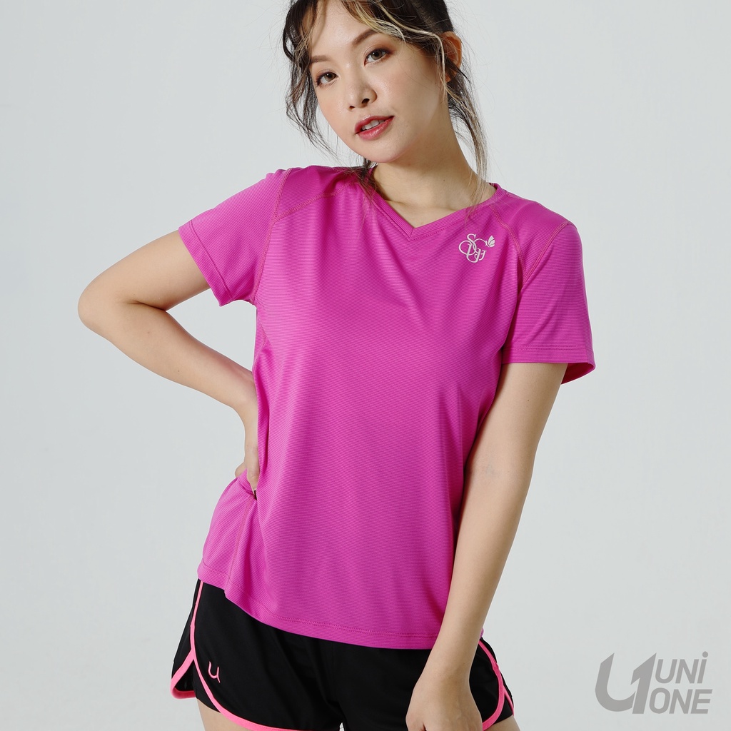 UNIONE【670008】MIT台灣製V領吸排條紋T 吸濕排汗 女運動上衣 跳繩 有氧 肌力訓練 健身 女力