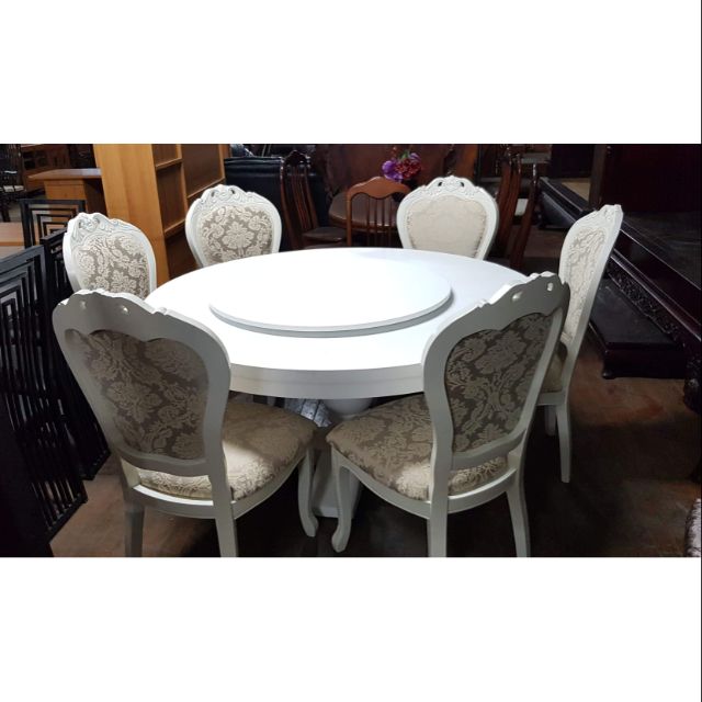 歐式白色古典圓形餐桌椅組 一格二手家具 客廳實木家具 懷舊時尚